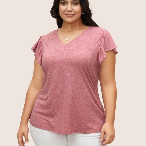 BloomChic Plus Size V Neck Heather Ruffle Cap Sleeve T-shirt - Picture 1 of 7